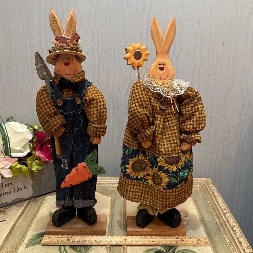 Vintage Wooden Easter Bunny Country Couple Farmers Primitive Country Folk Art